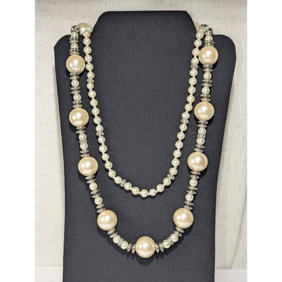 Off White Silver Tone Rhinestone Double Strand Necklace - Picture 5 of 9